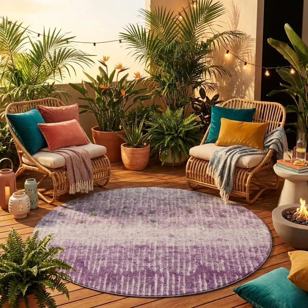 8' Purple And Lavender Round Abstract Washable Indoor Outdoor Area Rug Homeroots Outdoor