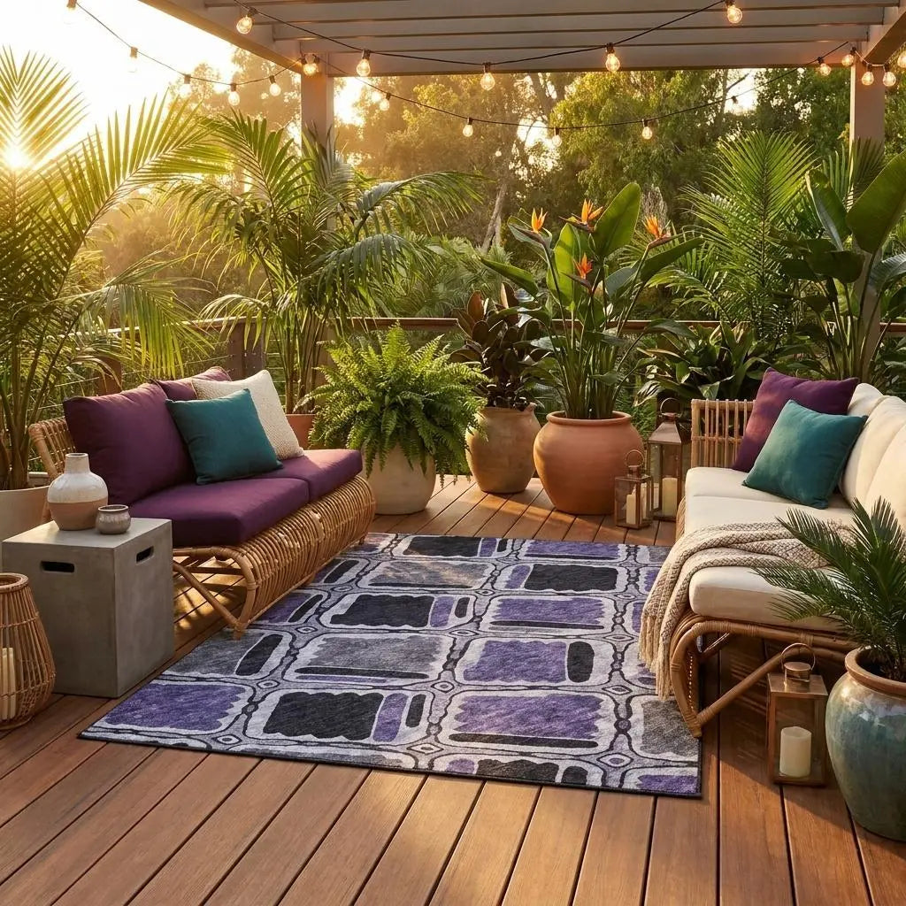 8' Purple And Lavender Round Geometric Washable Indoor Outdoor Area Rug Homeroots Outdoor