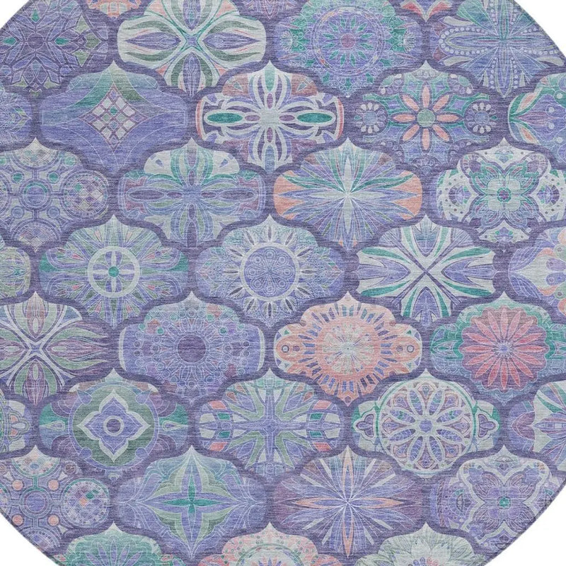 8' Purple And Lavender Round Ogee Washable Indoor Outdoor Area Rug Homeroots Outdoor
