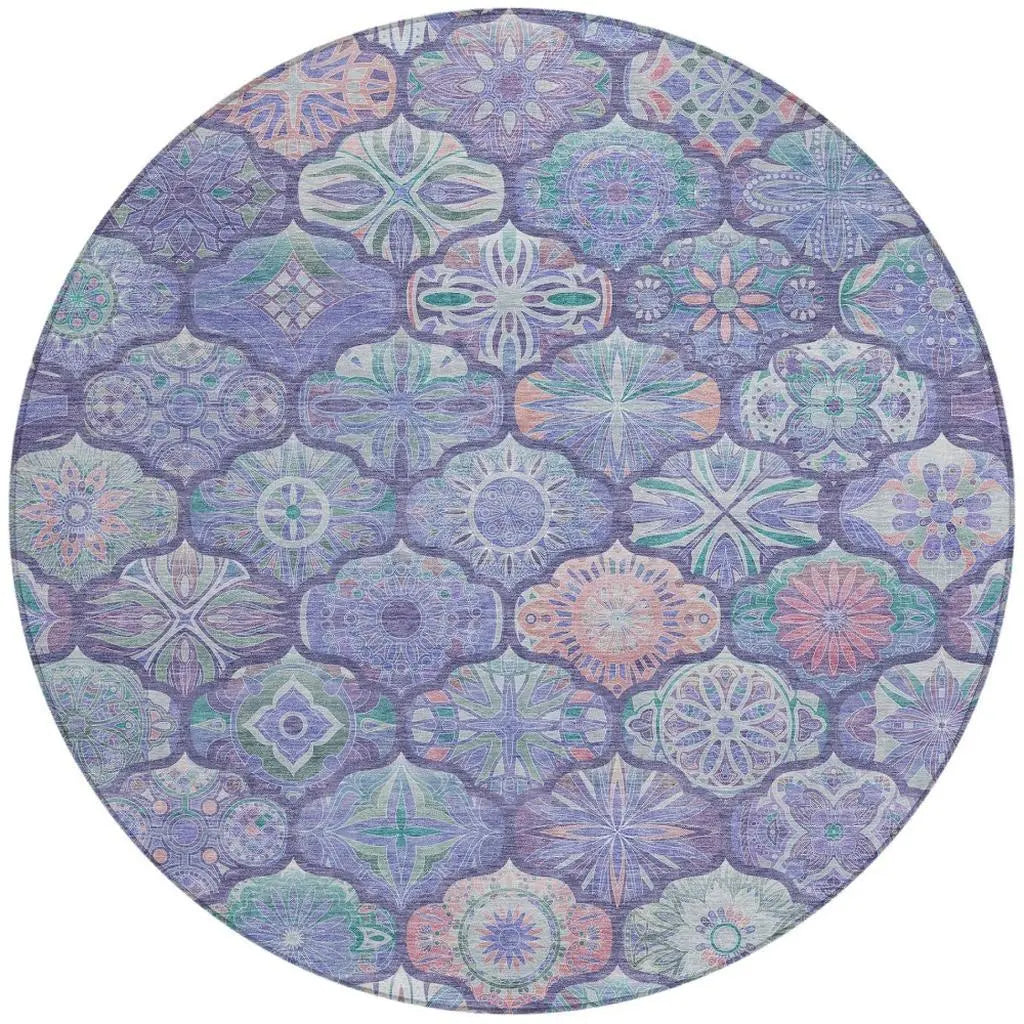 8' Purple And Lavender Round Ogee Washable Indoor Outdoor Area Rug Homeroots Outdoor