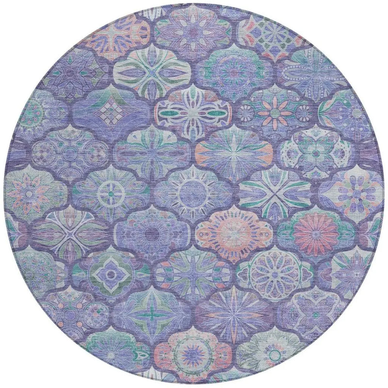 8' Purple And Lavender Round Ogee Washable Indoor Outdoor Area Rug Homeroots Outdoor