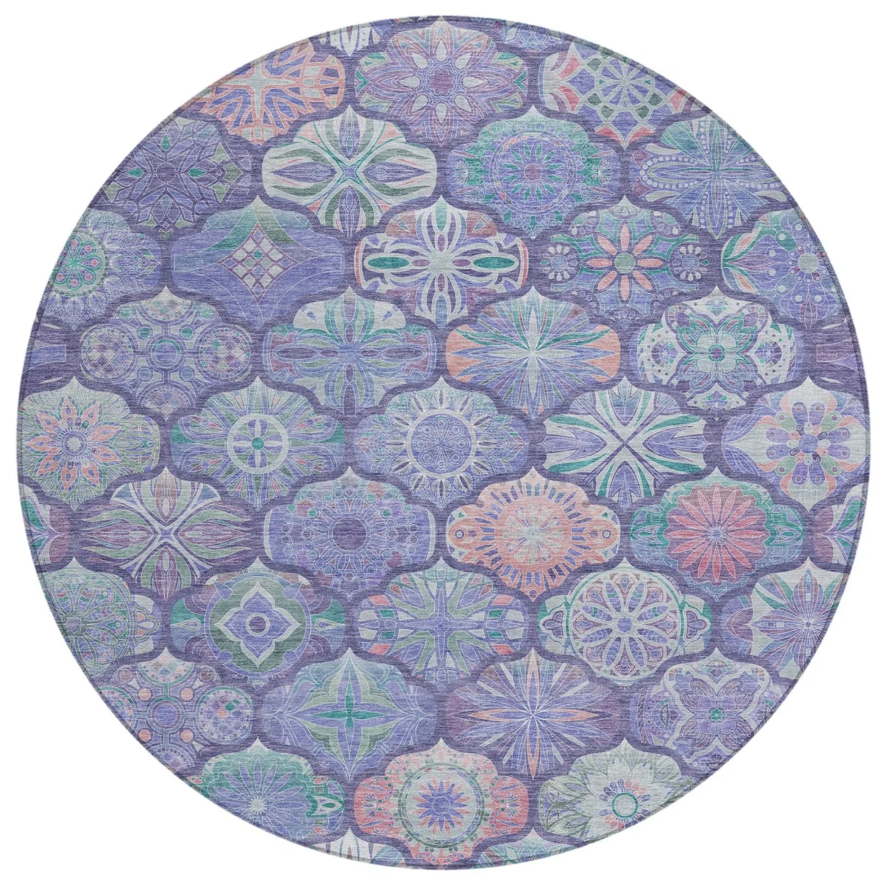 8' Purple And Lavender Round Ogee Washable Indoor Outdoor Area Rug Homeroots Outdoor