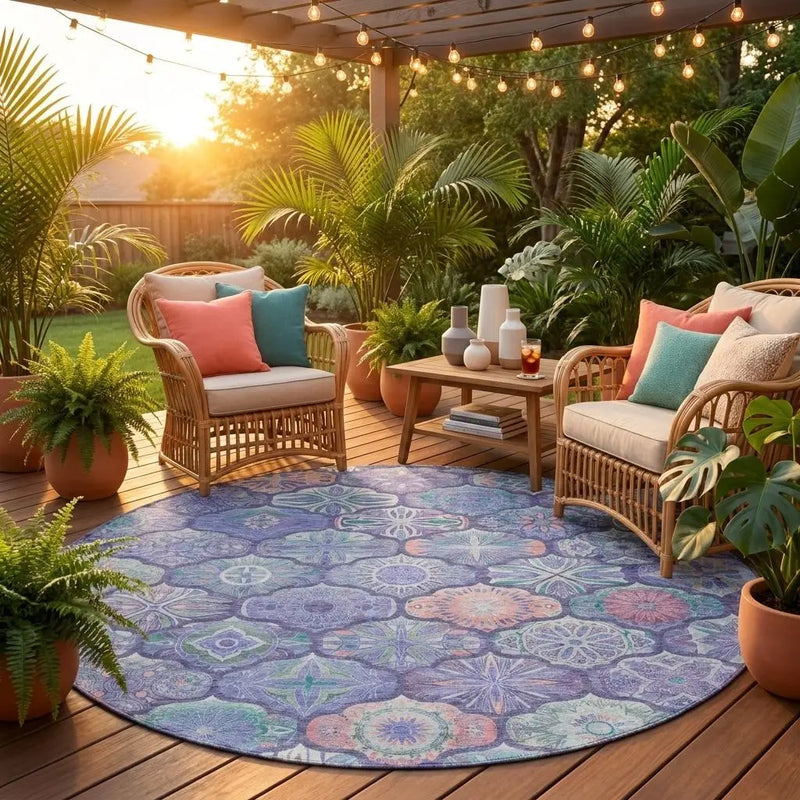 8' Purple And Lavender Round Ogee Washable Indoor Outdoor Area Rug Homeroots Outdoor