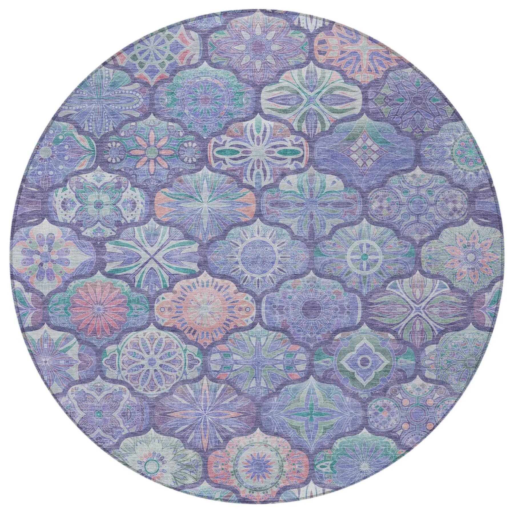 8' Purple And Lavender Round Ogee Washable Indoor Outdoor Area Rug Homeroots Outdoor