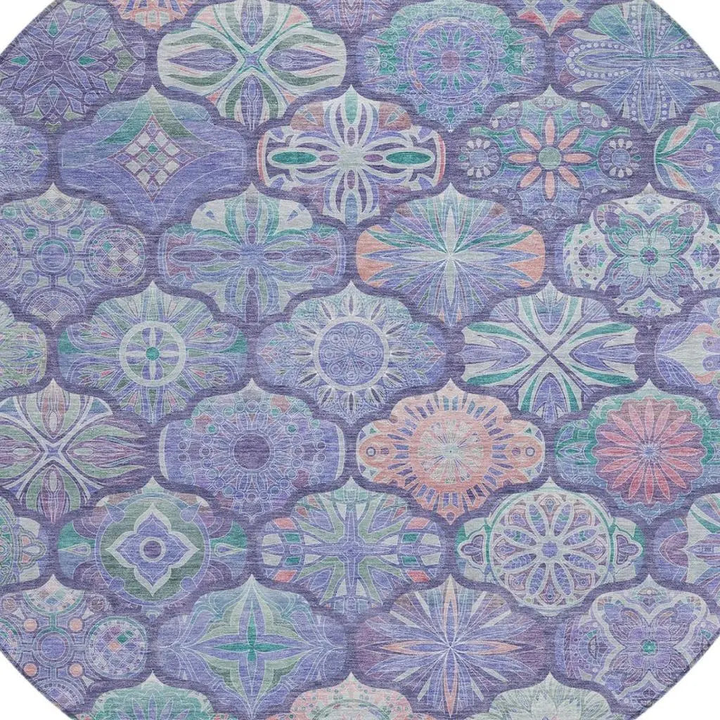 8' Purple And Lavender Round Ogee Washable Indoor Outdoor Area Rug Homeroots Outdoor
