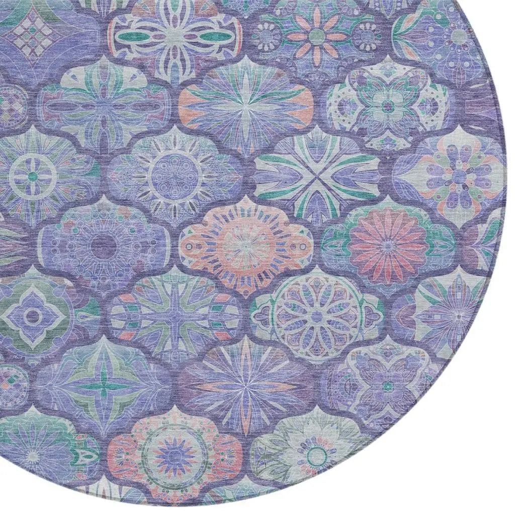 8' Purple And Lavender Round Ogee Washable Indoor Outdoor Area Rug Homeroots Outdoor
