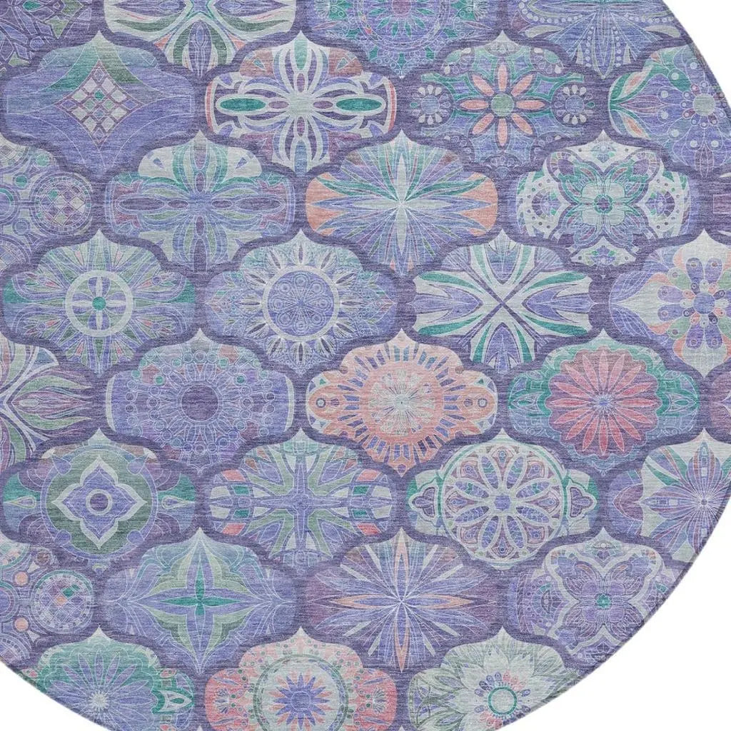 8' Purple And Lavender Round Ogee Washable Indoor Outdoor Area Rug Homeroots Outdoor
