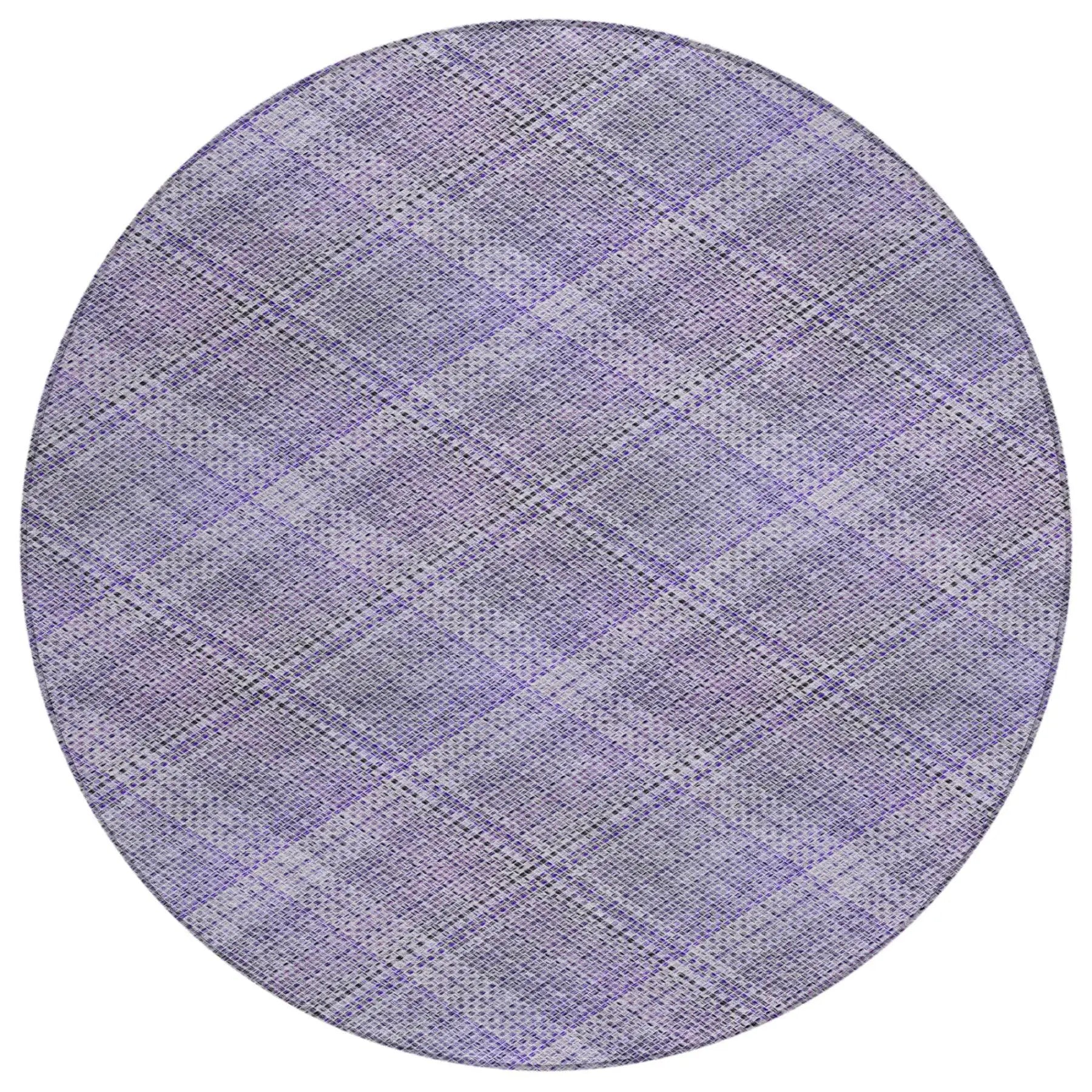 Round lavender plaid area rug made of soft, durable fabric, perfect for modern and classic home decor.