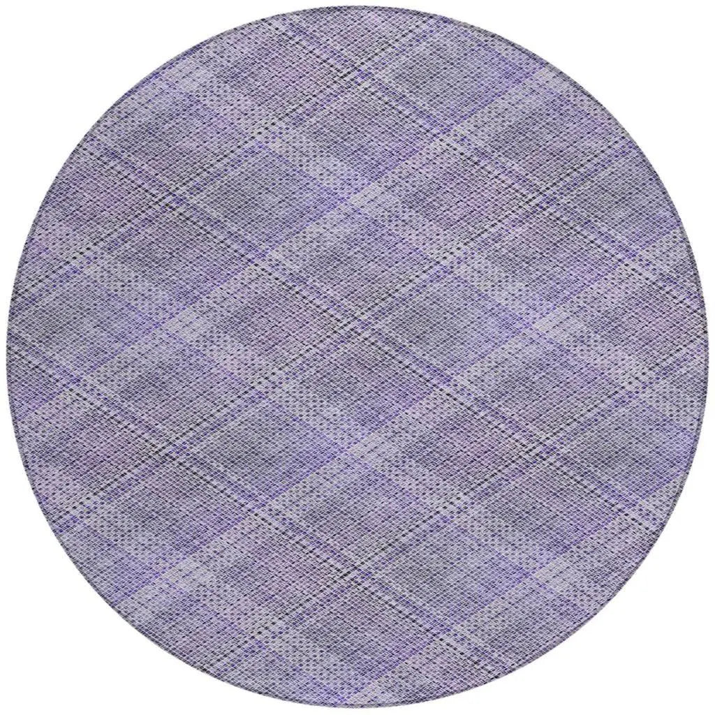 Round purple plaid area rug made from soft, durable fabric, perfect for modern and rustic home decor styles.