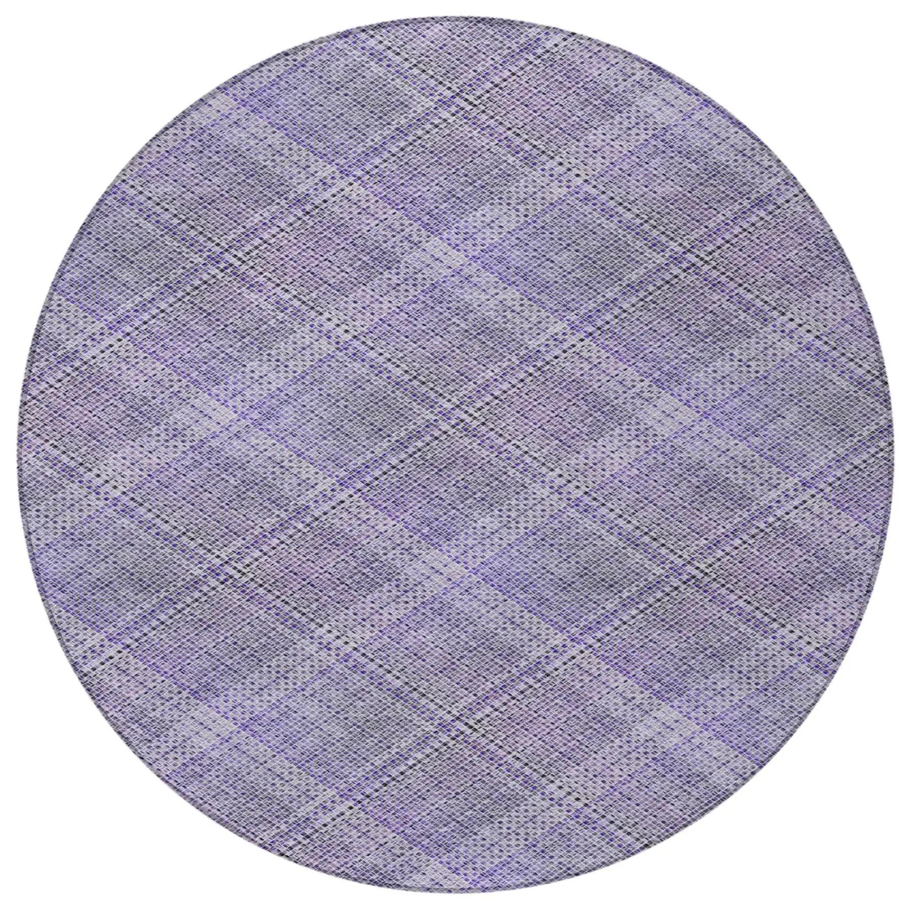 Round lavender plaid area rug, made from soft synthetic fibers, adding a cozy touch to modern decor.