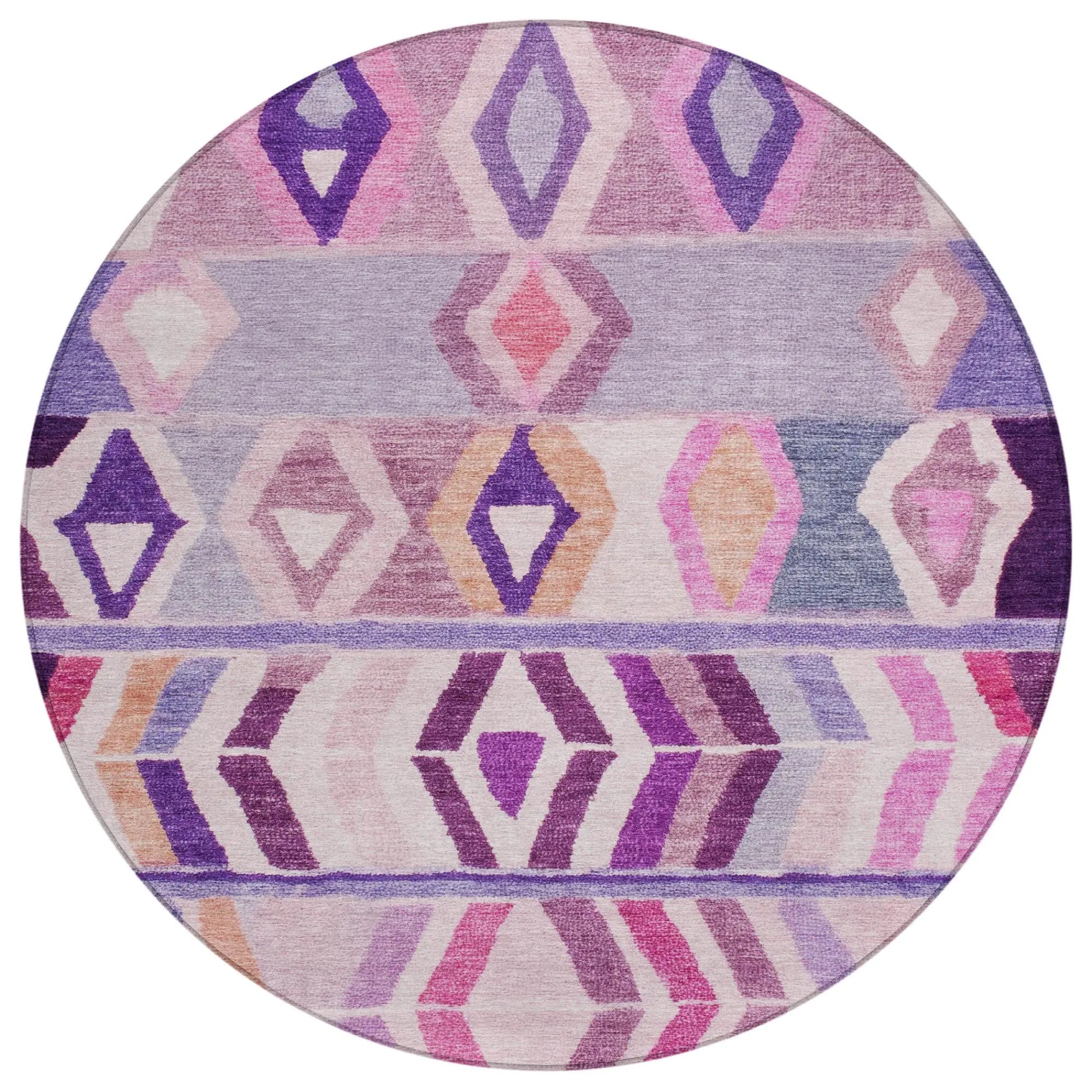 8' Purple And Lavender Round Tribal Washable Indoor Outdoor Area Rug Homeroots Outdoor