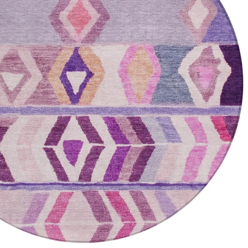 8' Purple And Lavender Round Tribal Washable Indoor Outdoor Area Rug Homeroots Outdoor