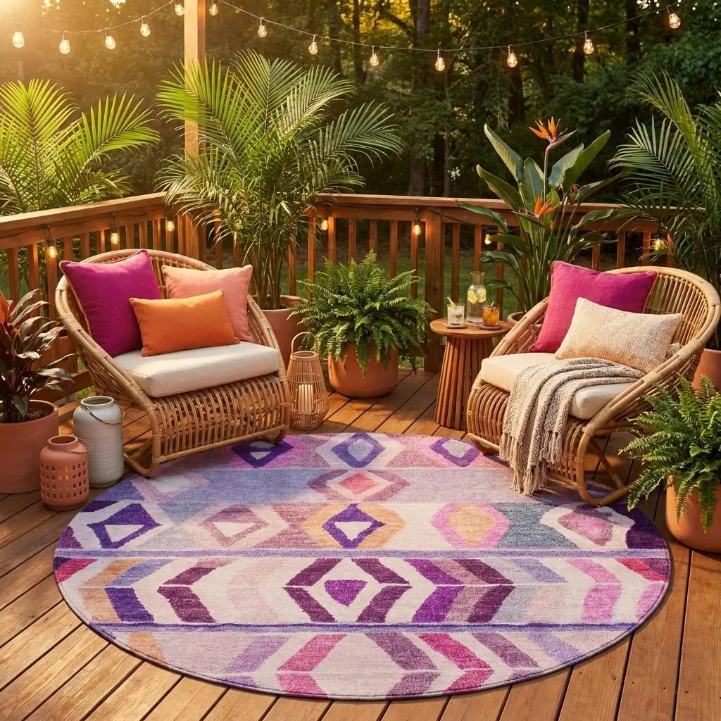 8' Purple And Lavender Round Tribal Washable Indoor Outdoor Area Rug Homeroots Outdoor