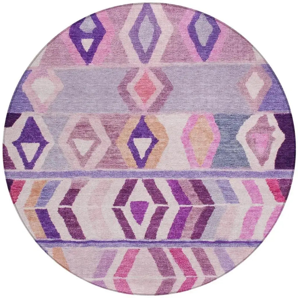 8' Purple And Lavender Round Tribal Washable Indoor Outdoor Area Rug Homeroots Outdoor