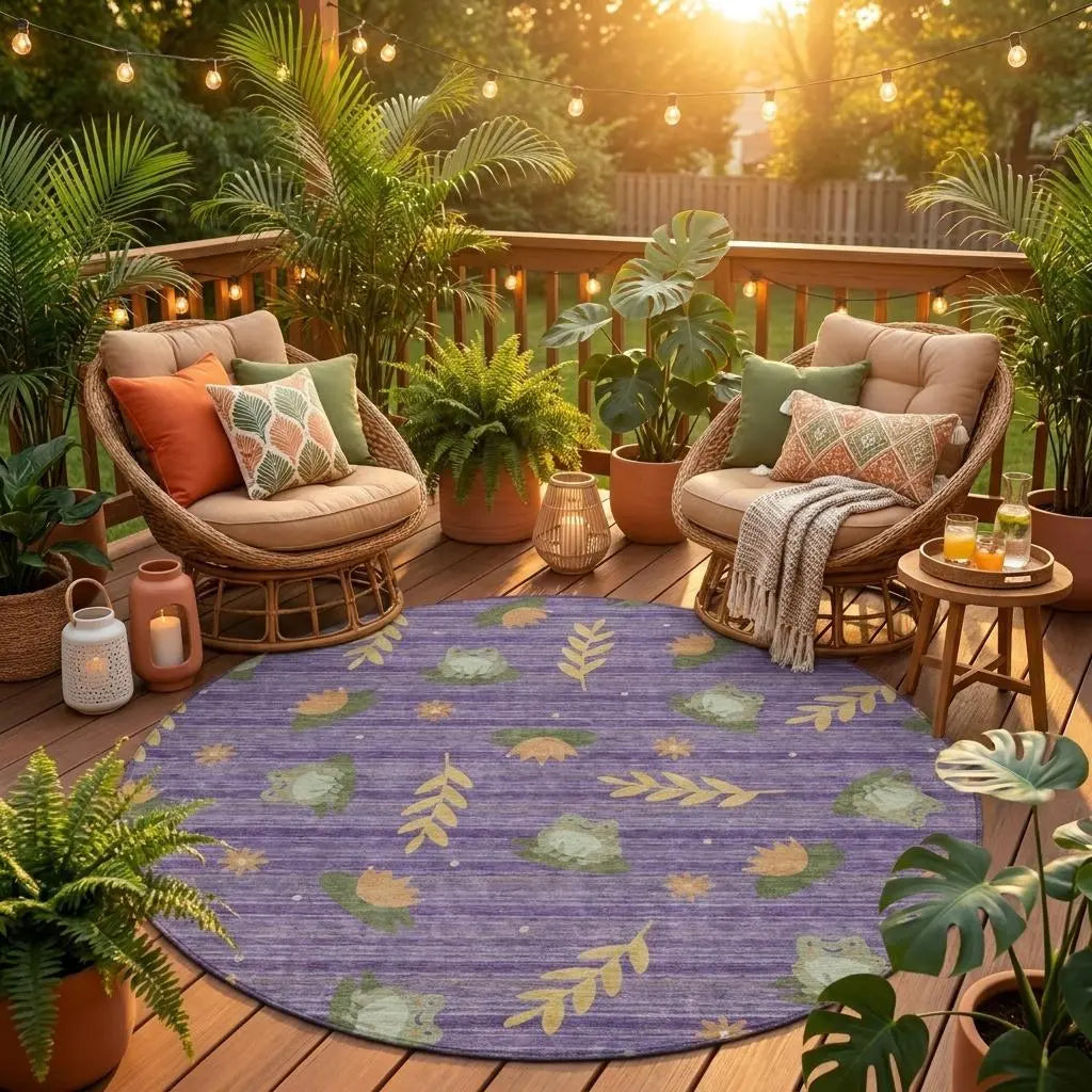 8' Purple And Lilac Round Botanical Leaves Washable Indoor Outdoor Area Rug Homeroots Outdoor