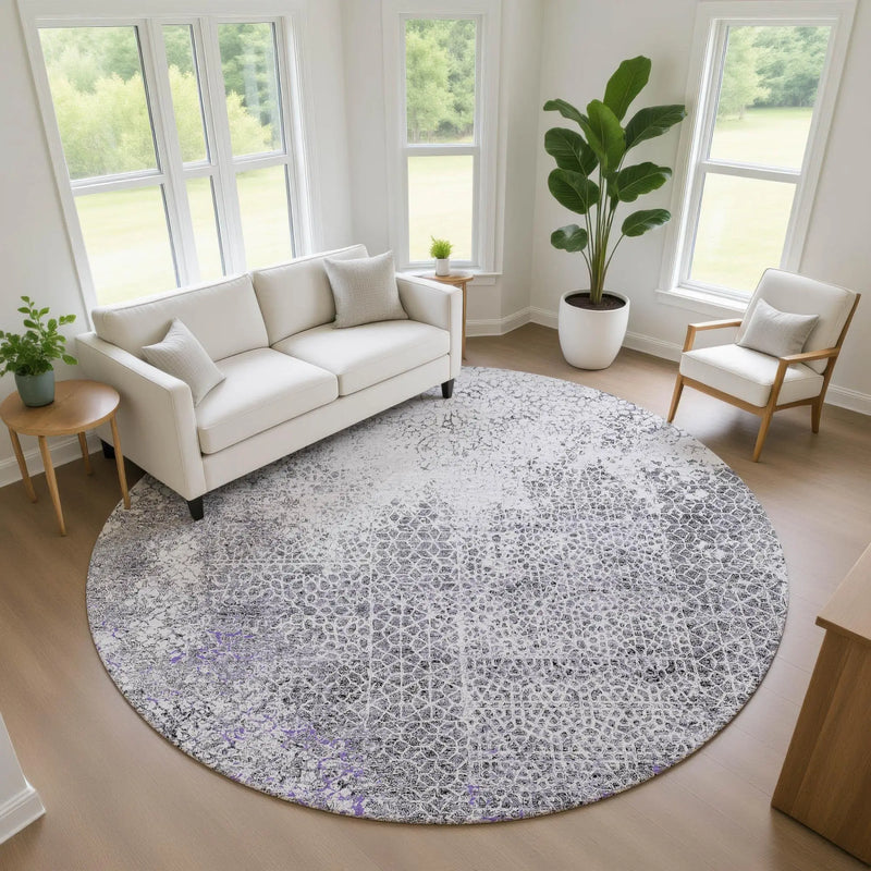 8' Purple And Pewter Round Abstract Washable Indoor Outdoor Area Rug Homeroots Outdoor