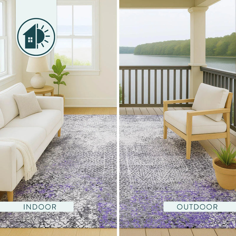 8' Purple And Pewter Round Abstract Washable Indoor Outdoor Area Rug Homeroots Outdoor