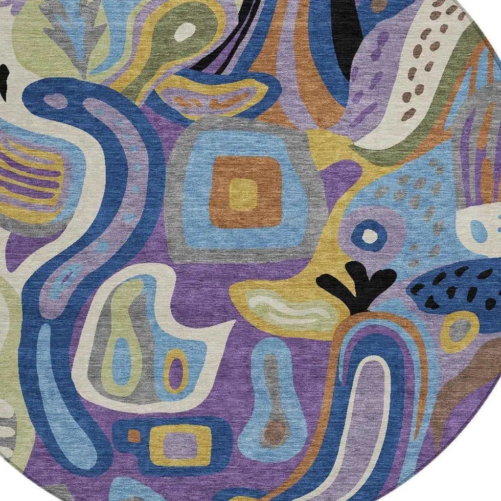 8' Purple And Plum Round Abstract Washable Indoor Outdoor Area Rug Homeroots Outdoor