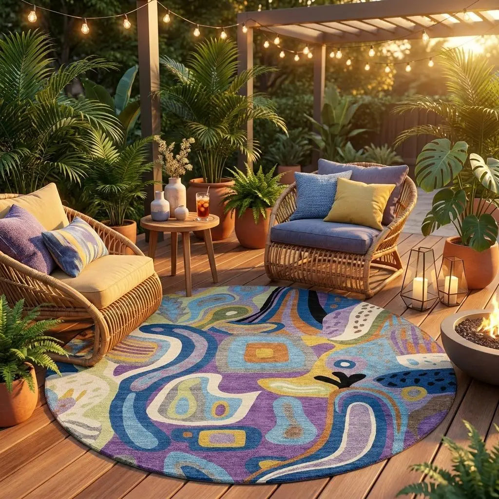 8' Purple And Plum Round Abstract Washable Indoor Outdoor Area Rug Homeroots Outdoor