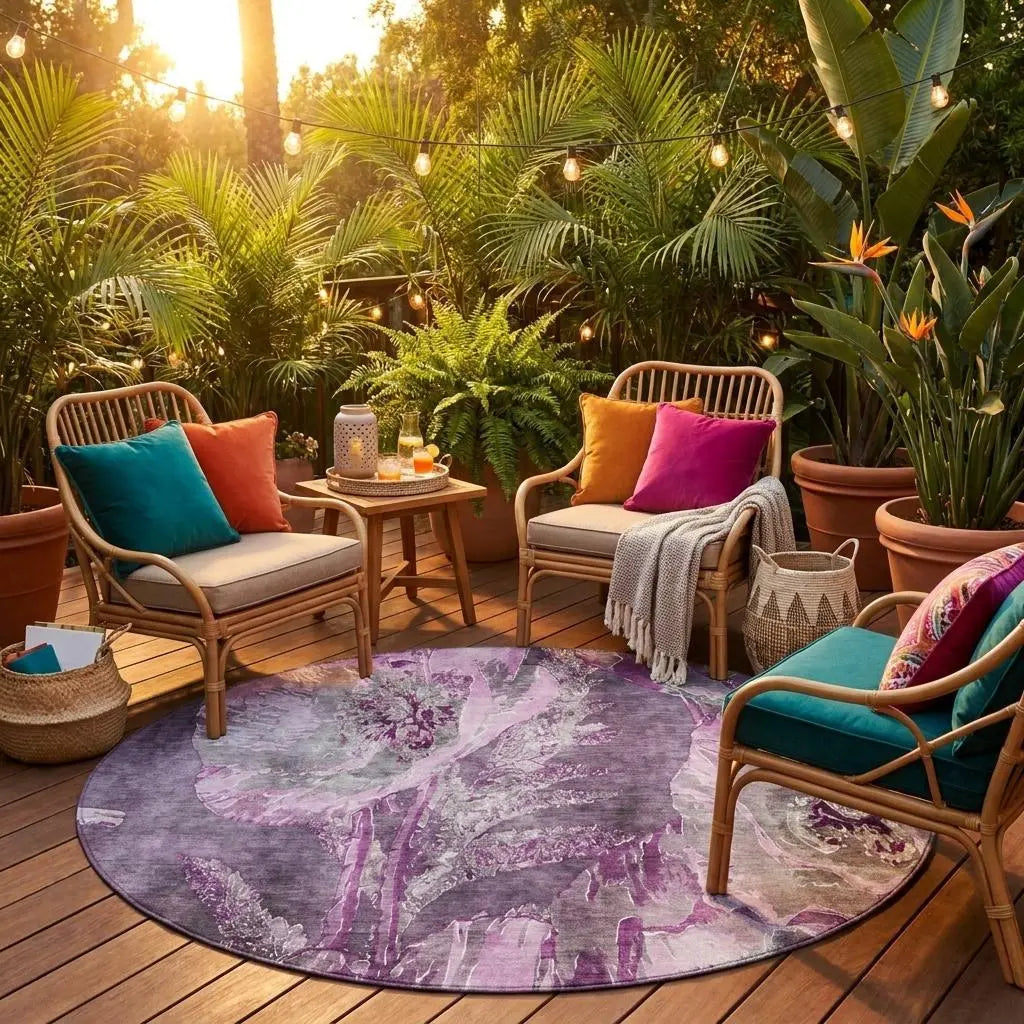8' Purple And Plum Round Floral Washable Indoor Outdoor Area Rug Homeroots Outdoor