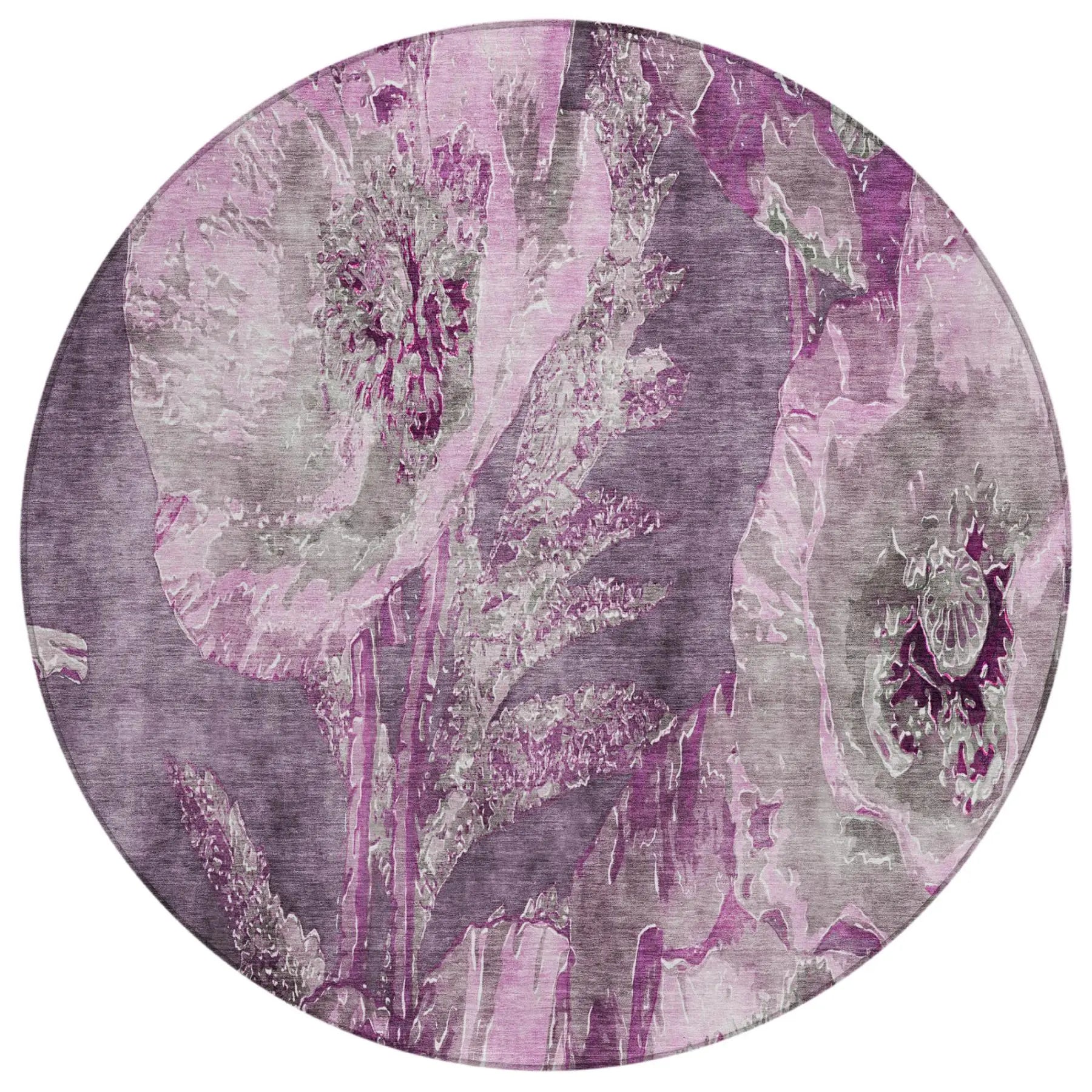 8' Purple And Plum Round Floral Washable Indoor Outdoor Area Rug Homeroots Outdoor