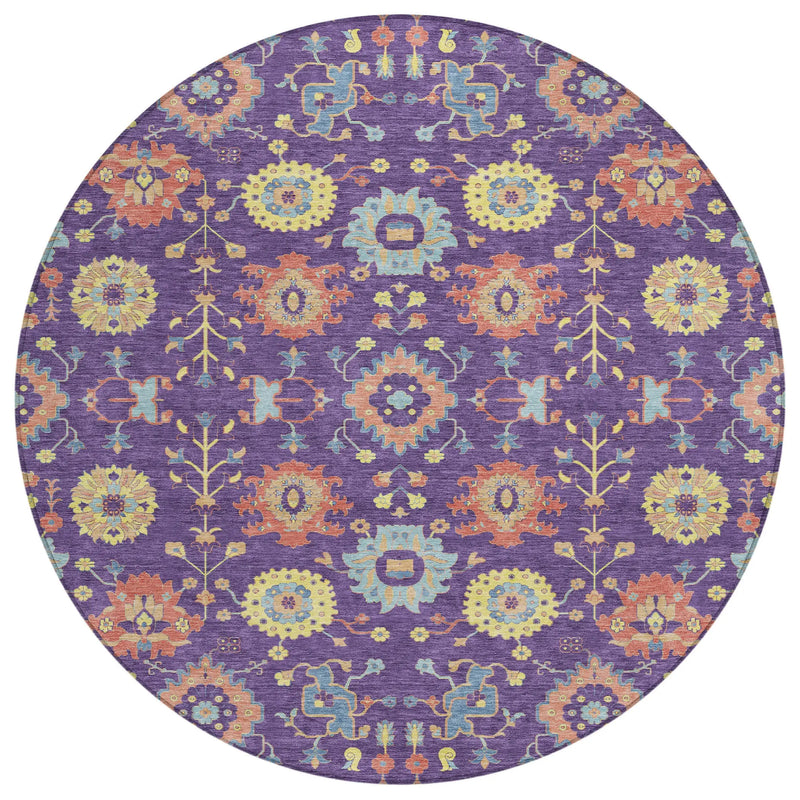 8' Purple And Plum Round Geometric Washable Indoor Outdoor Area Rug Homeroots Outdoor