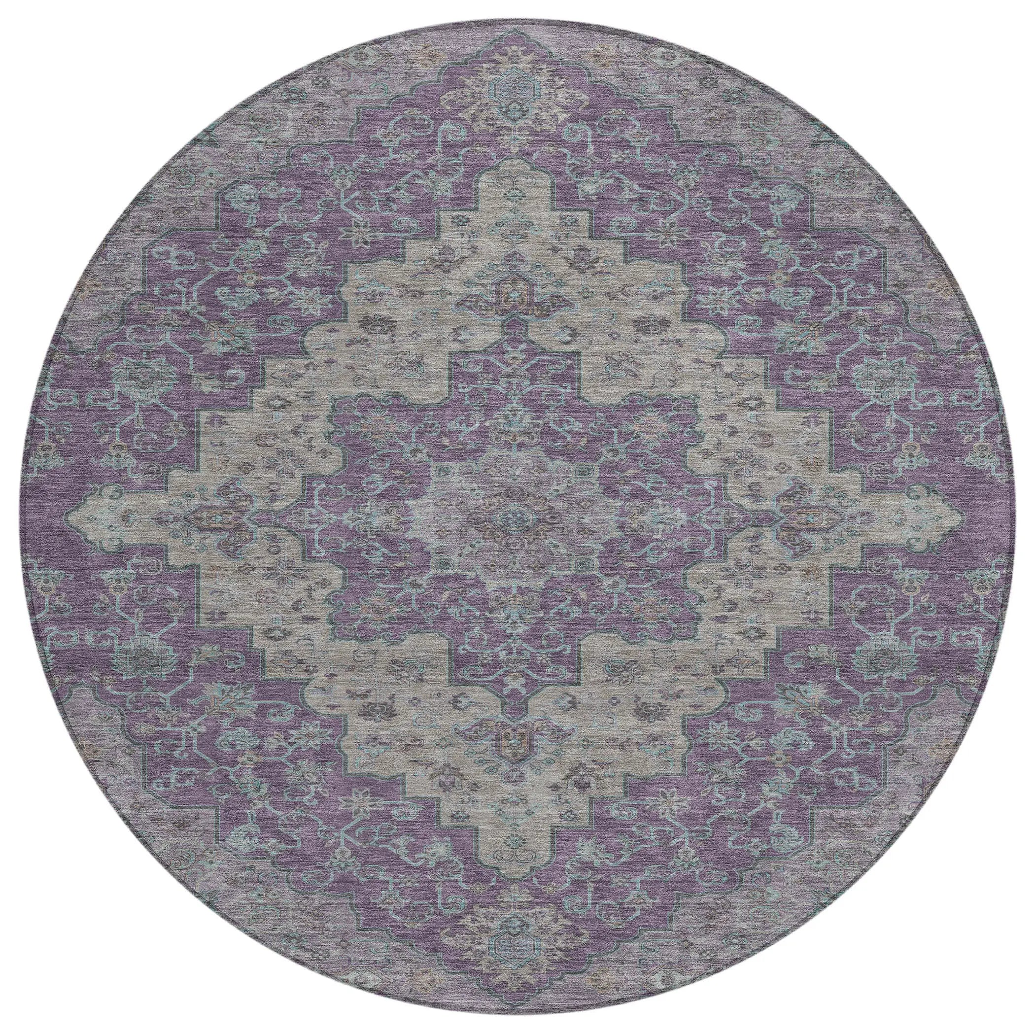 8' Purple And Plum Round Medallion Washable Indoor Outdoor Area Rug Homeroots Outdoor