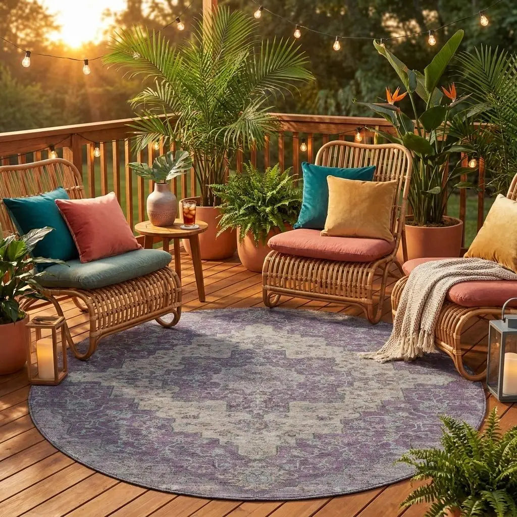 8' Purple And Plum Round Medallion Washable Indoor Outdoor Area Rug Homeroots Outdoor
