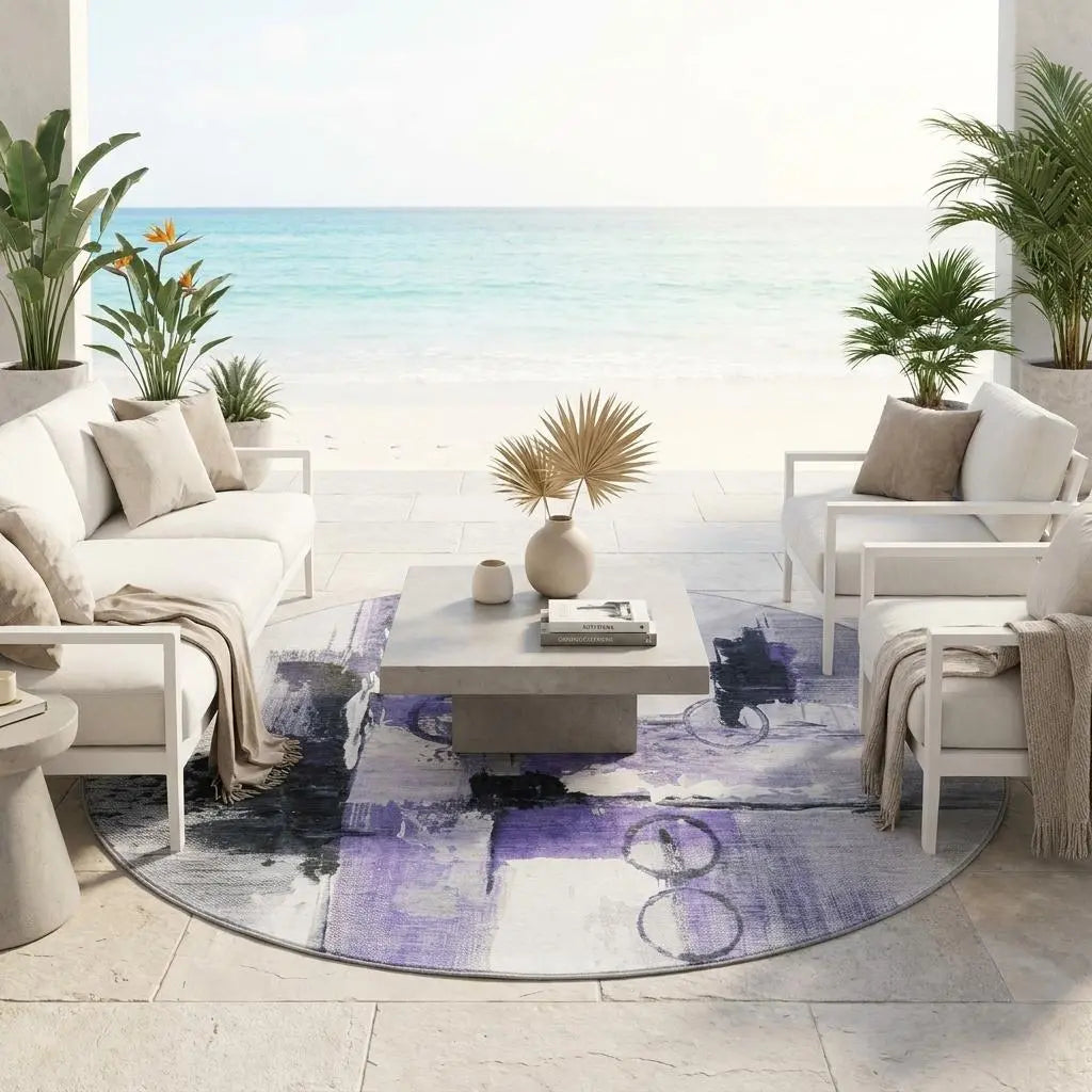 8' Purple And Silver Round Abstract Washable Indoor Outdoor Area Rug Homeroots Outdoor