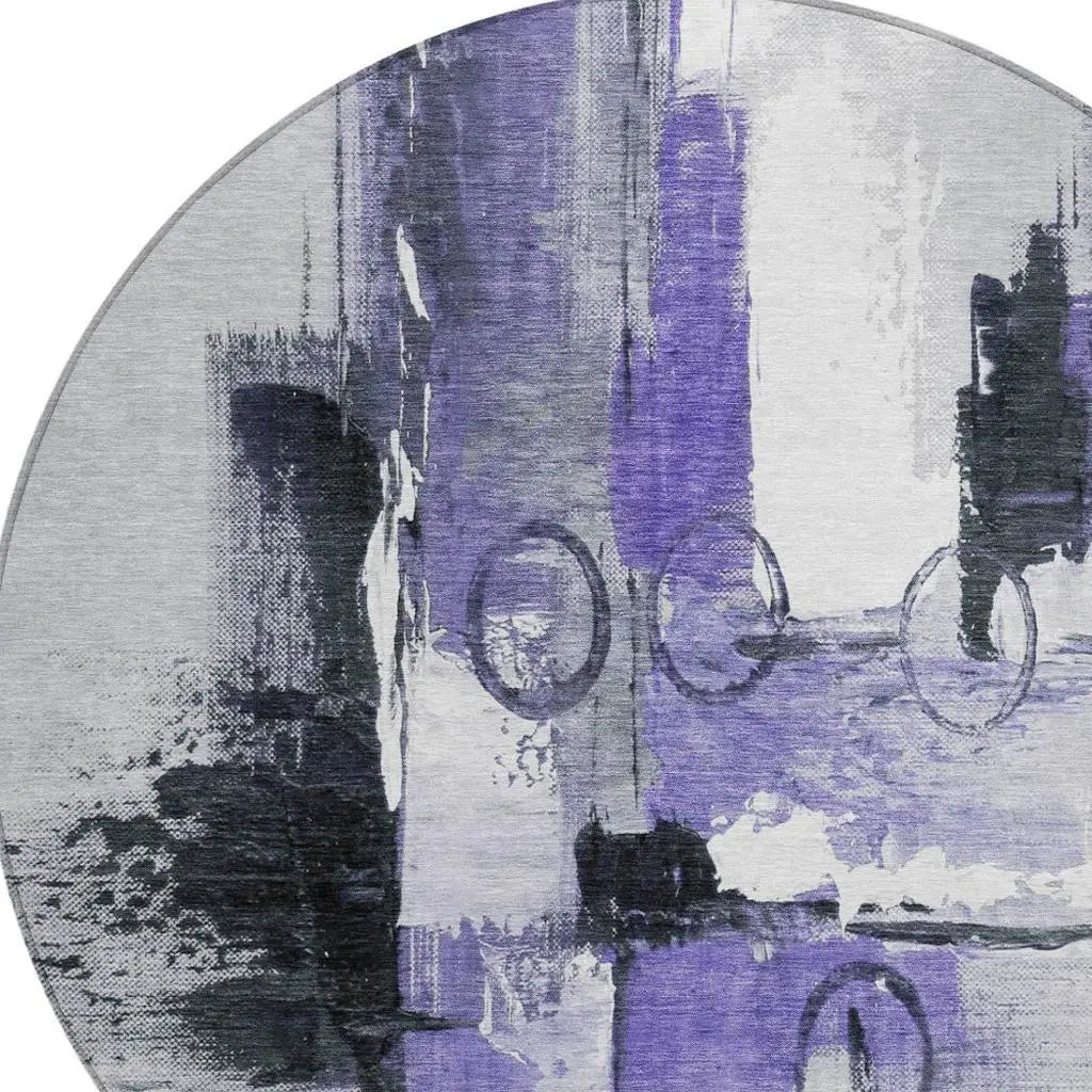 8' Purple And Silver Round Abstract Washable Indoor Outdoor Area Rug Homeroots Outdoor