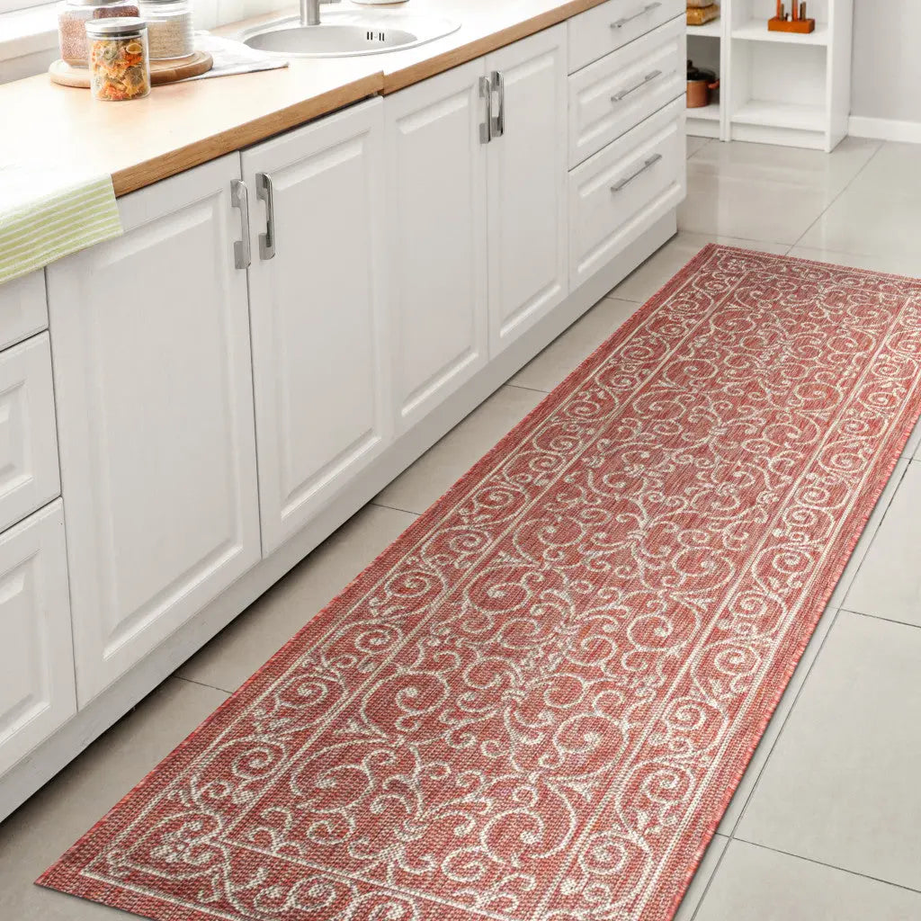 8' Red And Beige Medallion Indoor Outdoor Runner Rug Homeroots Outdoor