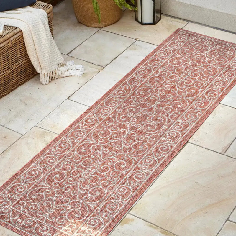 8' Red And Beige Medallion Indoor Outdoor Runner Rug Homeroots Outdoor