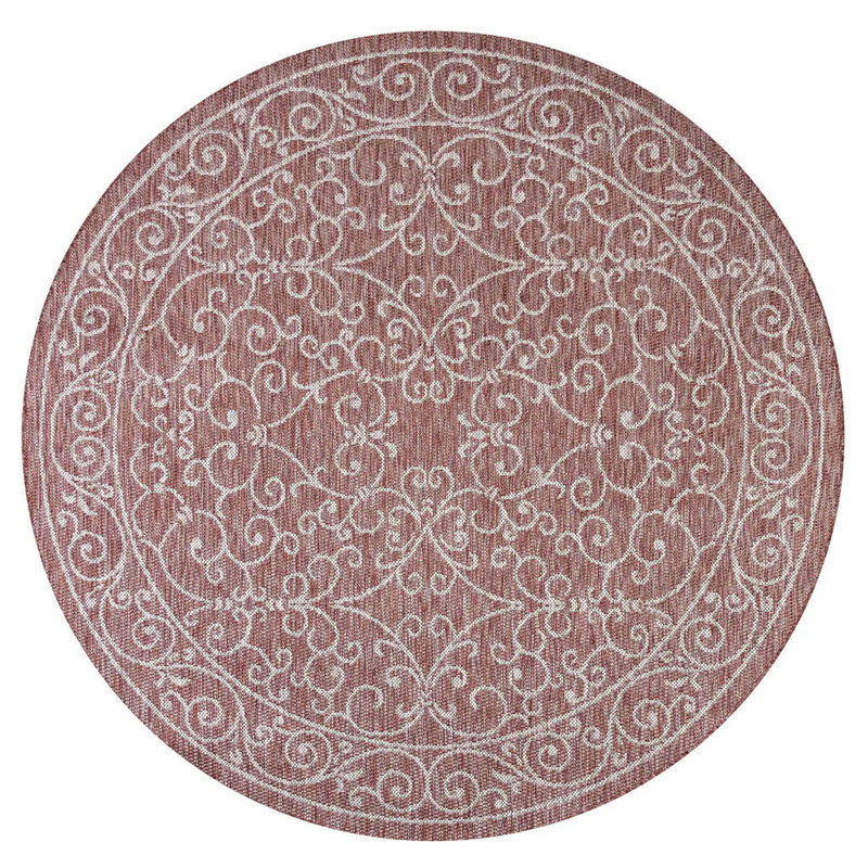8' Red And Beige Round Medallion Indoor Outdoor Area Rug Homeroots Outdoor