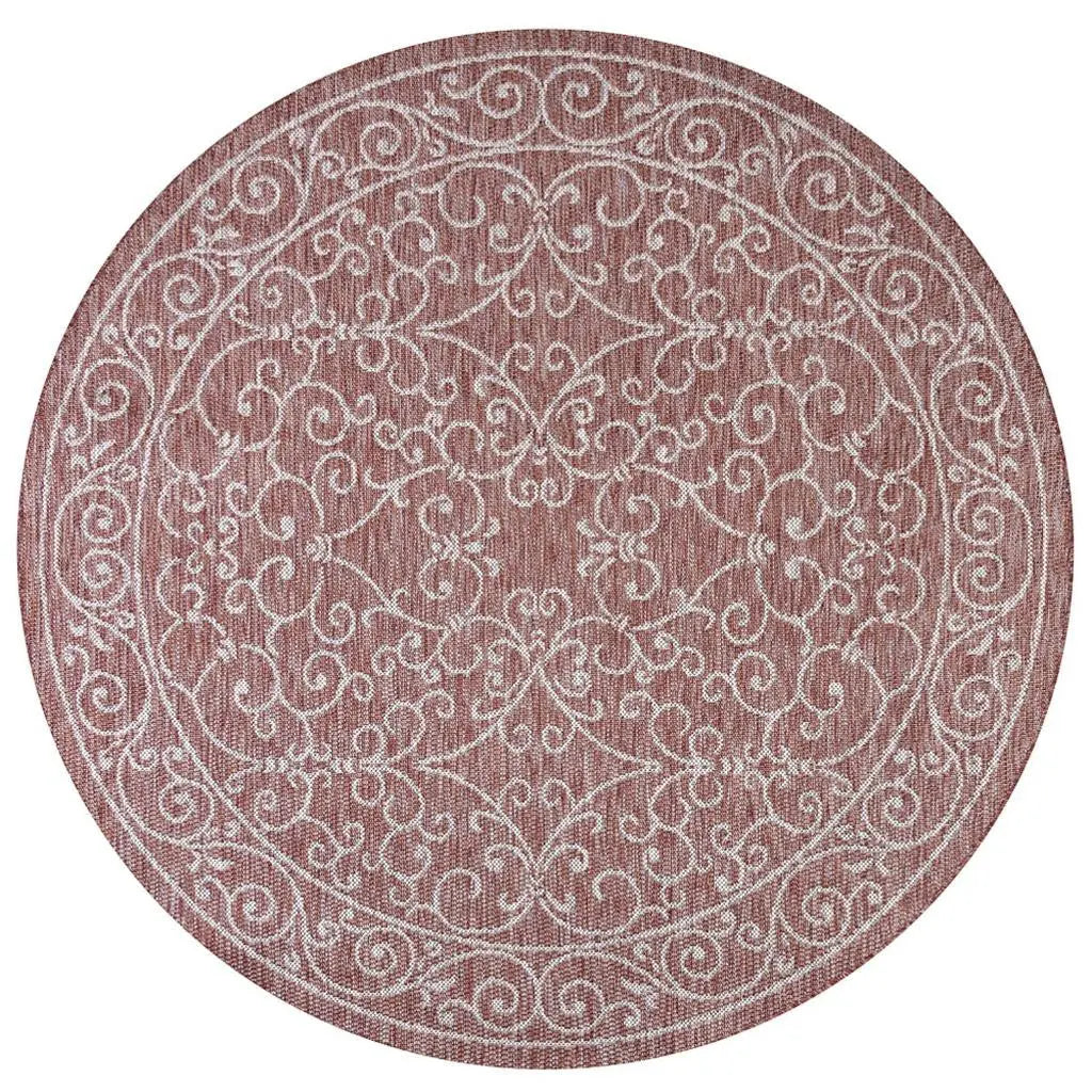 8' Red And Beige Round Medallion Indoor Outdoor Area Rug Homeroots Outdoor