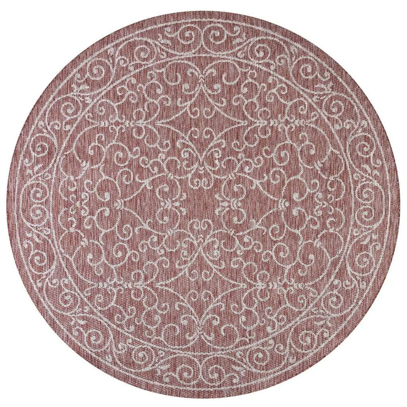 8' Red And Beige Round Medallion Indoor Outdoor Area Rug Homeroots Outdoor