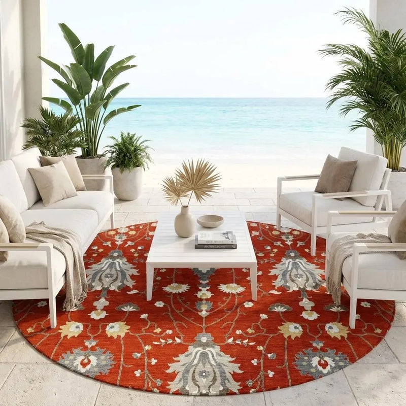 8' Red And Beige Round Oriental Washable Indoor Outdoor Area Rug Homeroots Outdoor