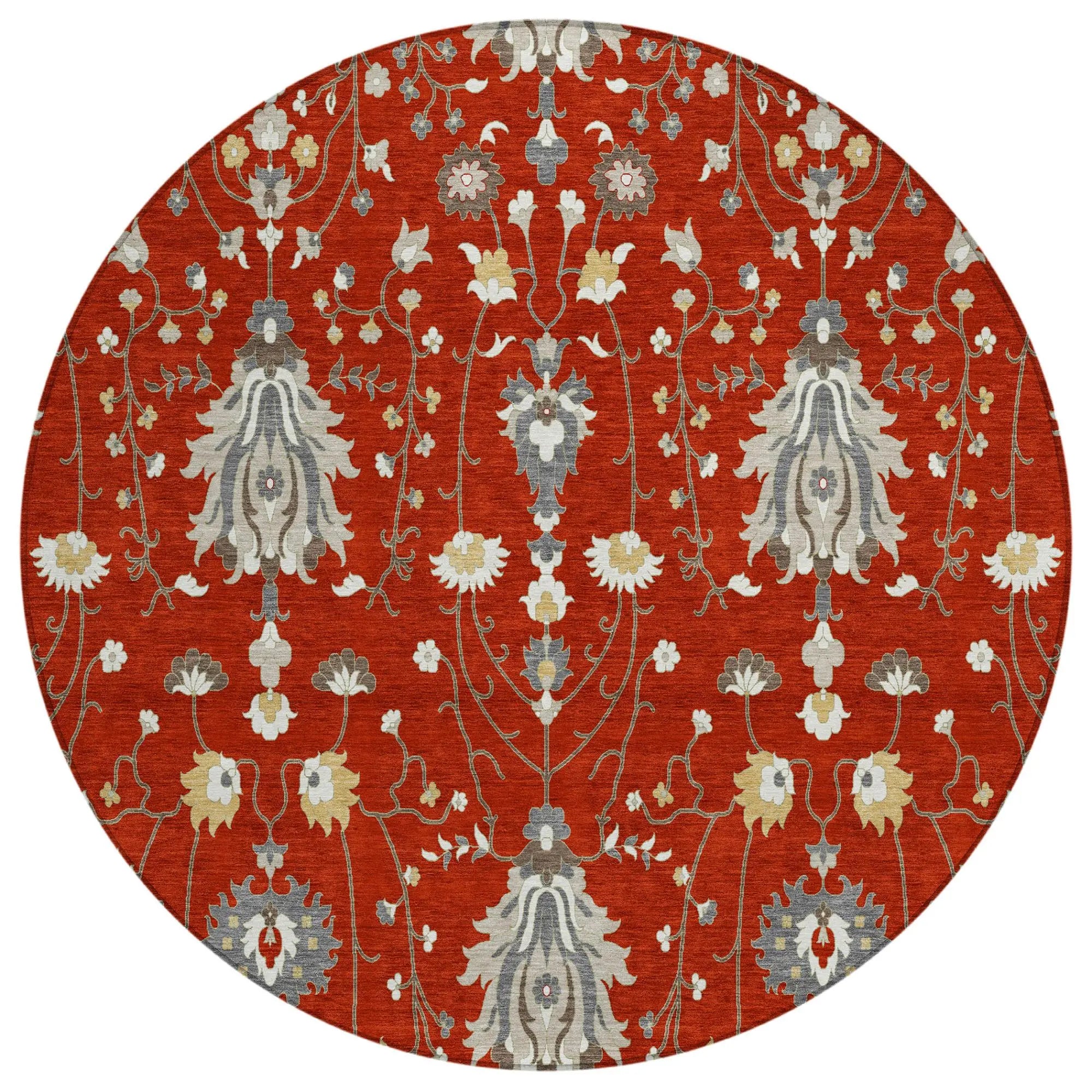 8' Red And Beige Round Oriental Washable Indoor Outdoor Area Rug Homeroots Outdoor
