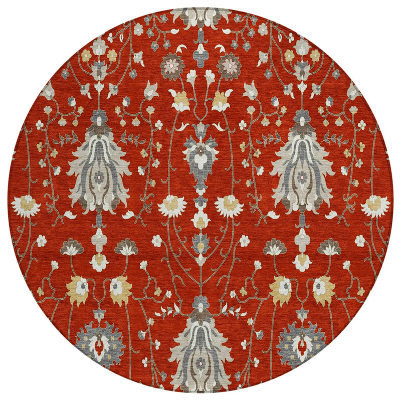 8' Red And Beige Round Oriental Washable Indoor Outdoor Area Rug Homeroots Outdoor