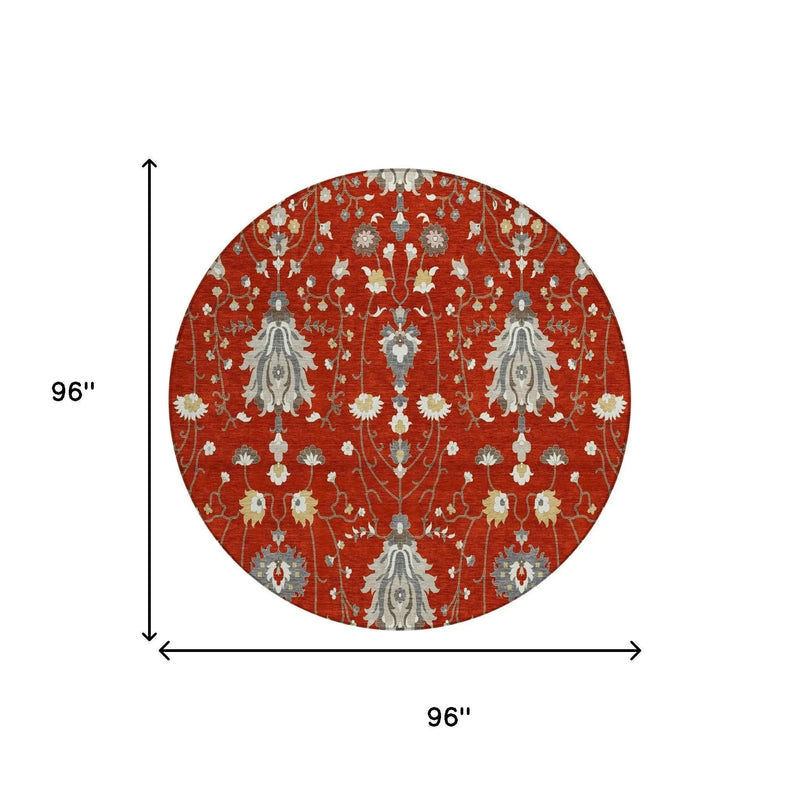8' Red And Beige Round Oriental Washable Indoor Outdoor Area Rug Homeroots Outdoor