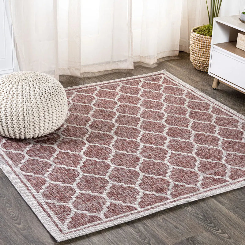 8' Red And Beige Square Geometric Indoor Outdoor Area Rug Homeroots Outdoor