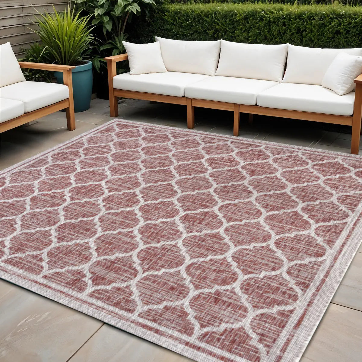 8' Red And Beige Square Geometric Indoor Outdoor Area Rug Homeroots Outdoor