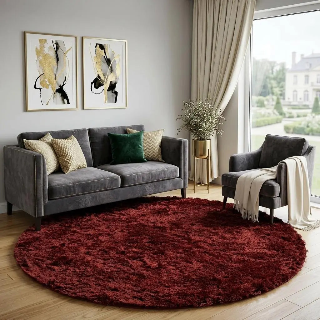 8' Red And Black Shag Hand Tufted Round Rug Homeroots Home Decor