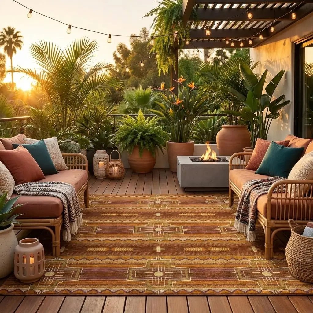 8' Red And Brown Round Tribal Washable Indoor Outdoor Area Rug Homeroots Outdoor