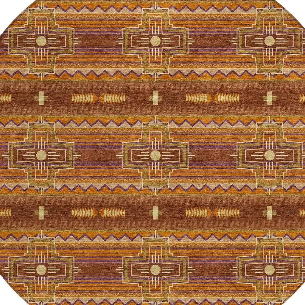 8' Red And Brown Round Tribal Washable Indoor Outdoor Area Rug Homeroots Outdoor
