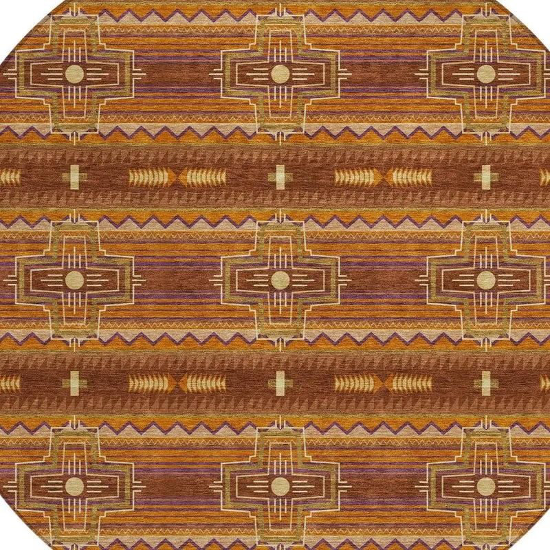 8' Red And Brown Round Tribal Washable Indoor Outdoor Area Rug Homeroots Outdoor
