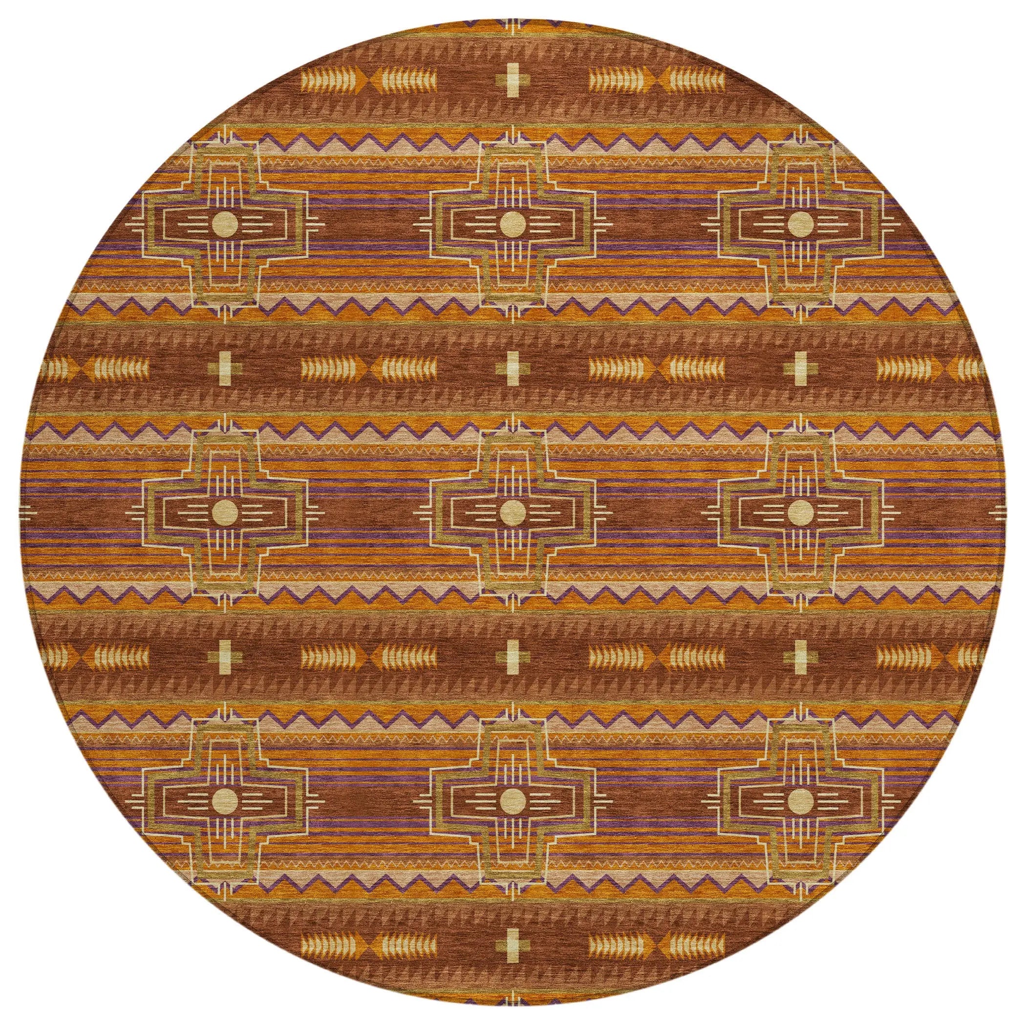 8' Red And Brown Round Tribal Washable Indoor Outdoor Area Rug Homeroots Outdoor