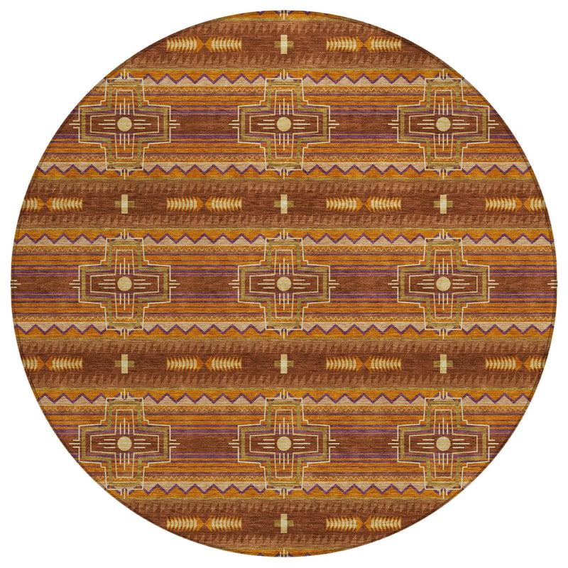 8' Red And Brown Round Tribal Washable Indoor Outdoor Area Rug Homeroots Outdoor