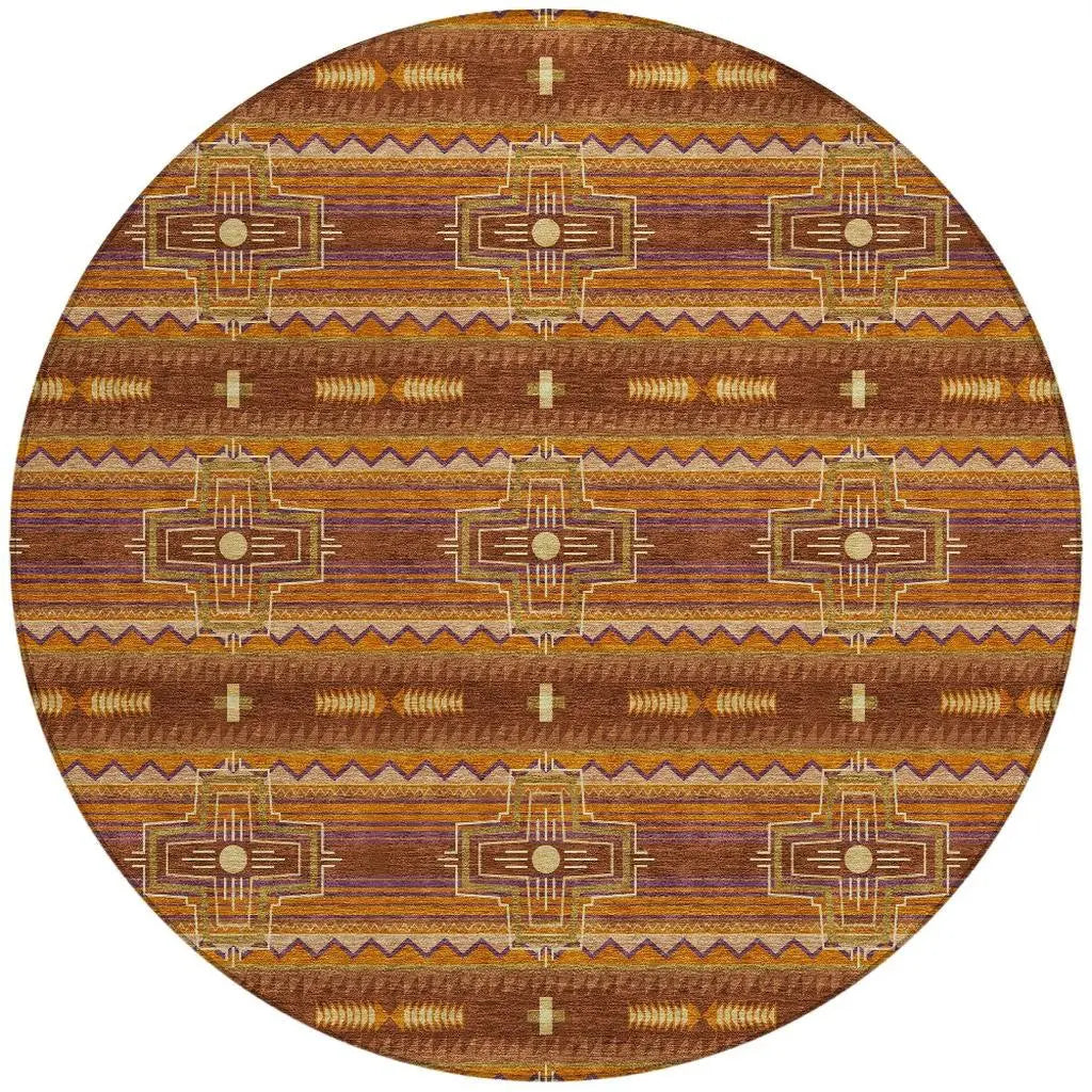 8' Red And Brown Round Tribal Washable Indoor Outdoor Area Rug Homeroots Outdoor