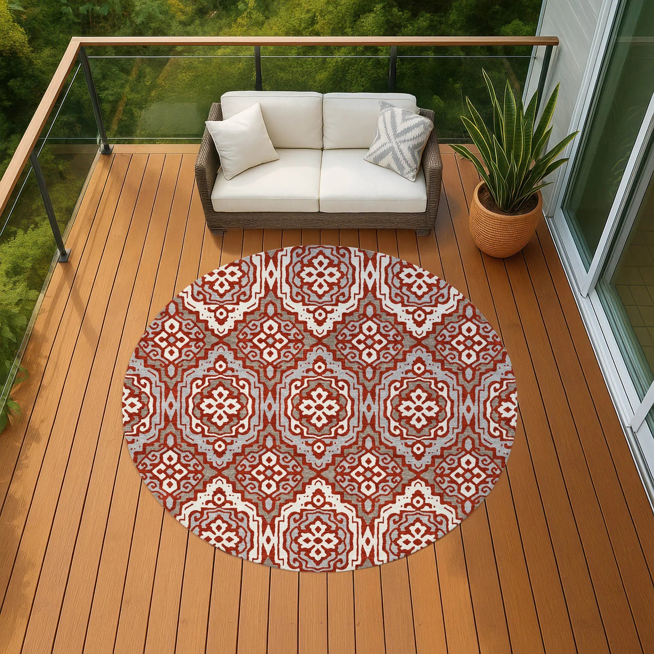 8' Red And Denim Blue Round Tribal Washable Indoor Outdoor Area Rug Homeroots Outdoor