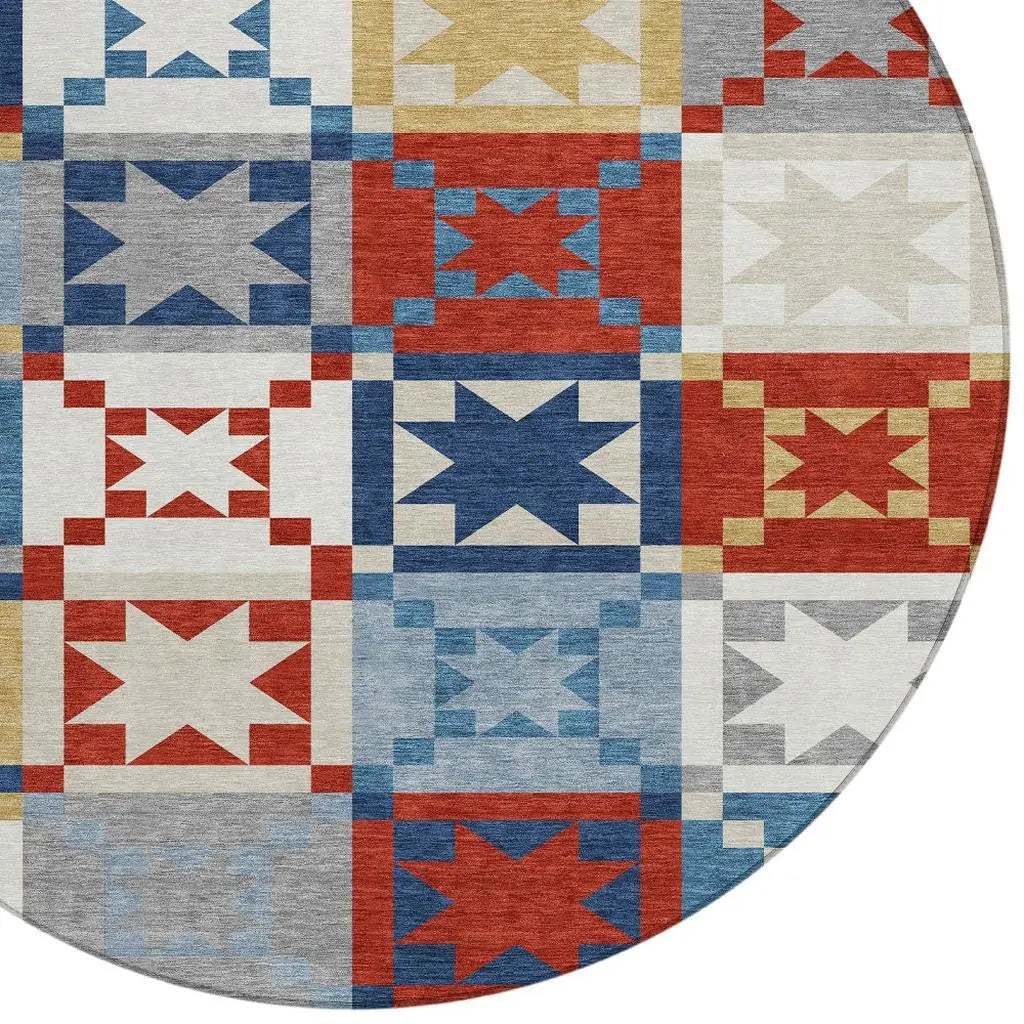 8' Red And Gold Round Patchwork Washable Indoor Outdoor Area Rug Homeroots Outdoor